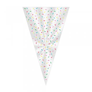 CONE FESTA TRANSPARENTE DECORADO GRANULADO 14cm x 23cm Pacote 50 Peças .