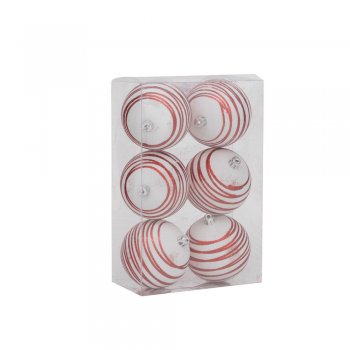 BOLA LISTRA COM GLITTER . 8CM  JG C/6 PC 1020172 BRANCO / VERMELHO