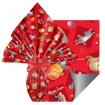 POLI METALIZADO DECORADO PÁSCOA DIVERTIDA 70cm x 90cm Pacote 25 Folhas VERMELHO