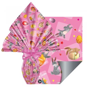 POLI METALIZADO DECORADO PÁSCOA DIVERTIDA 70cm x 90cm Pacote 25 Folhas ROSA