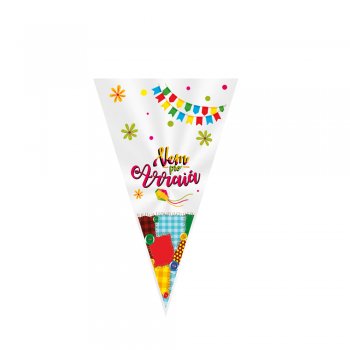 CONE FESTA TRANSPARENTE DECORADO VEM PRO ARRAIÁ 18cm x 30cm Pacote 50 Peças .