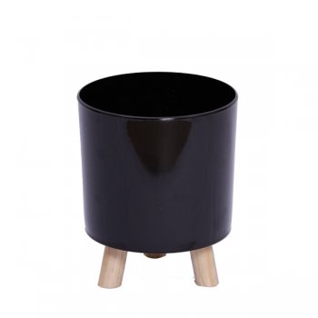 CACHEPOT ACRÍLICO COM PÉS DE MADEIRA . Pote 15 (15,5cm x 14cm) 1 Peça PRETO