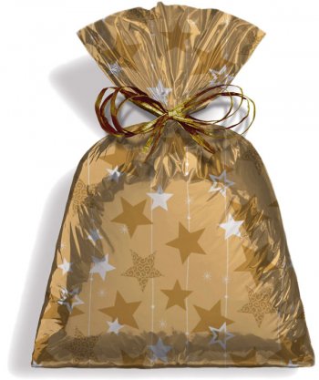 SACO METALIZADO PRESENTE STARS 50cm x 69cm Pacote 50 Peças OURO