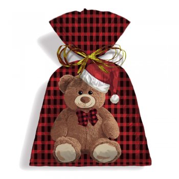 SACO PEROLIZADO PRESENTE URSO TEDDY NOEL 25cm x 35cm Pacote 50 Peças .