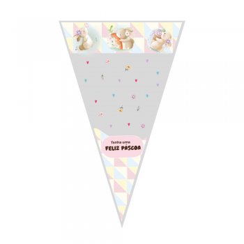 CONE FESTA DECORADO PÁSCOA ENCANTADA 14cm x 23cm Pacote 50 Peças .