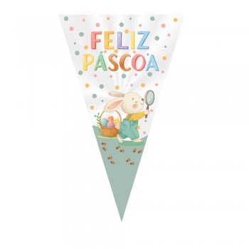 CONE FESTA DECORADO CAÇA AOS OVOS 18cm x 30cm Pacote 50 Peças .