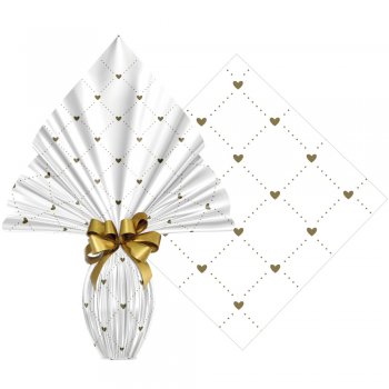 POLI TRANSPARENTE 25mc DECORADO HEART 70cm x 90cm Pacote 25 Folhas BRANCO / OURO