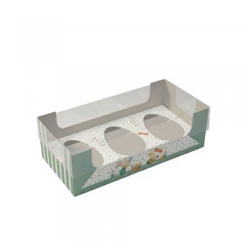CAIXA DEGUSTAÇÃO ENCANTO 3 OVOS DE 50g CAÇA AOS OVOS 15,8cmX8cmX5cm 10un